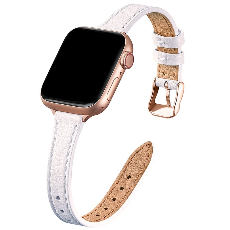 STIROLL Slim Leather Bands Compatible with Apple Watch Band 38mm 40mm 41mm 42mm(Series 11 10), Top Grain Leather Watch Thin Wristband for iWatch SE 9 8 7 6 5 4 3 2 1 (White Rose Gold) - Image 1